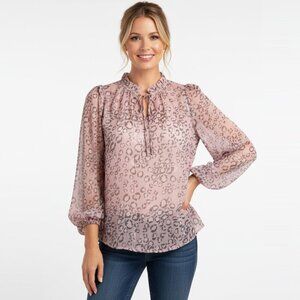 GUEST EDITOR Pink Leopard Print Chiffon Blouse Ruffle Neck Tie Sheer Metallic